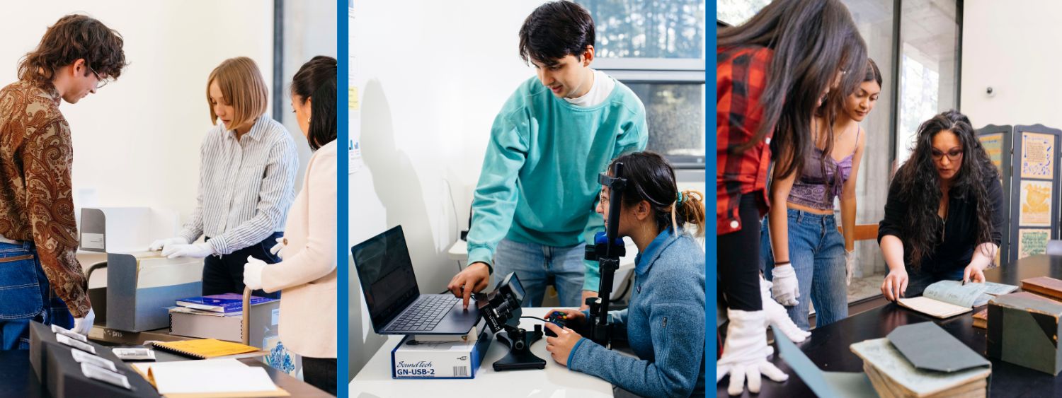 three images with people wearing gloves looking at archived books and papers